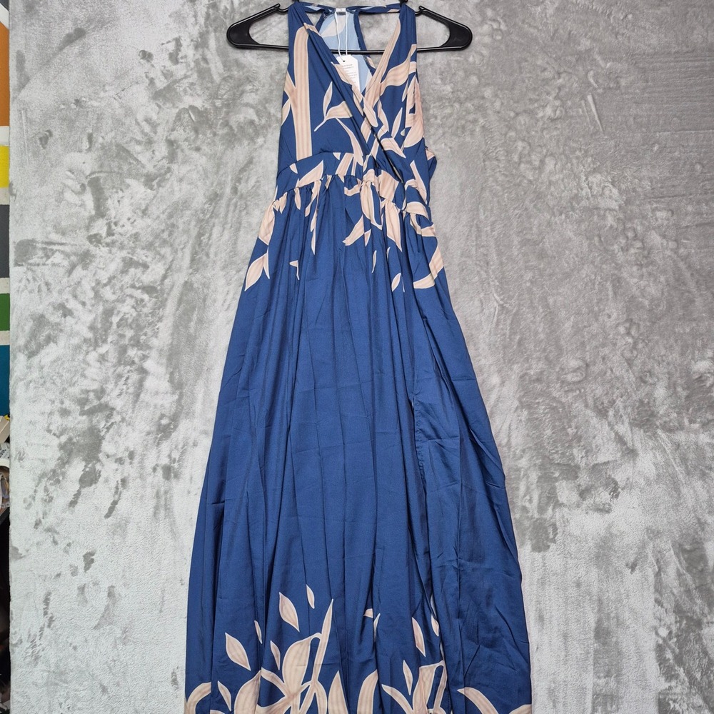 Blue Tropical Leaf Print Halter Maxi Dress Surplice Wrap Bodice Size S NWT